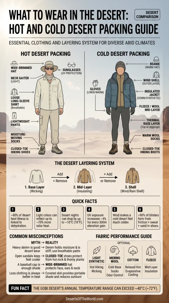 What to wear in the desert showcases hot and cold weather clothing options for desert adventures.
