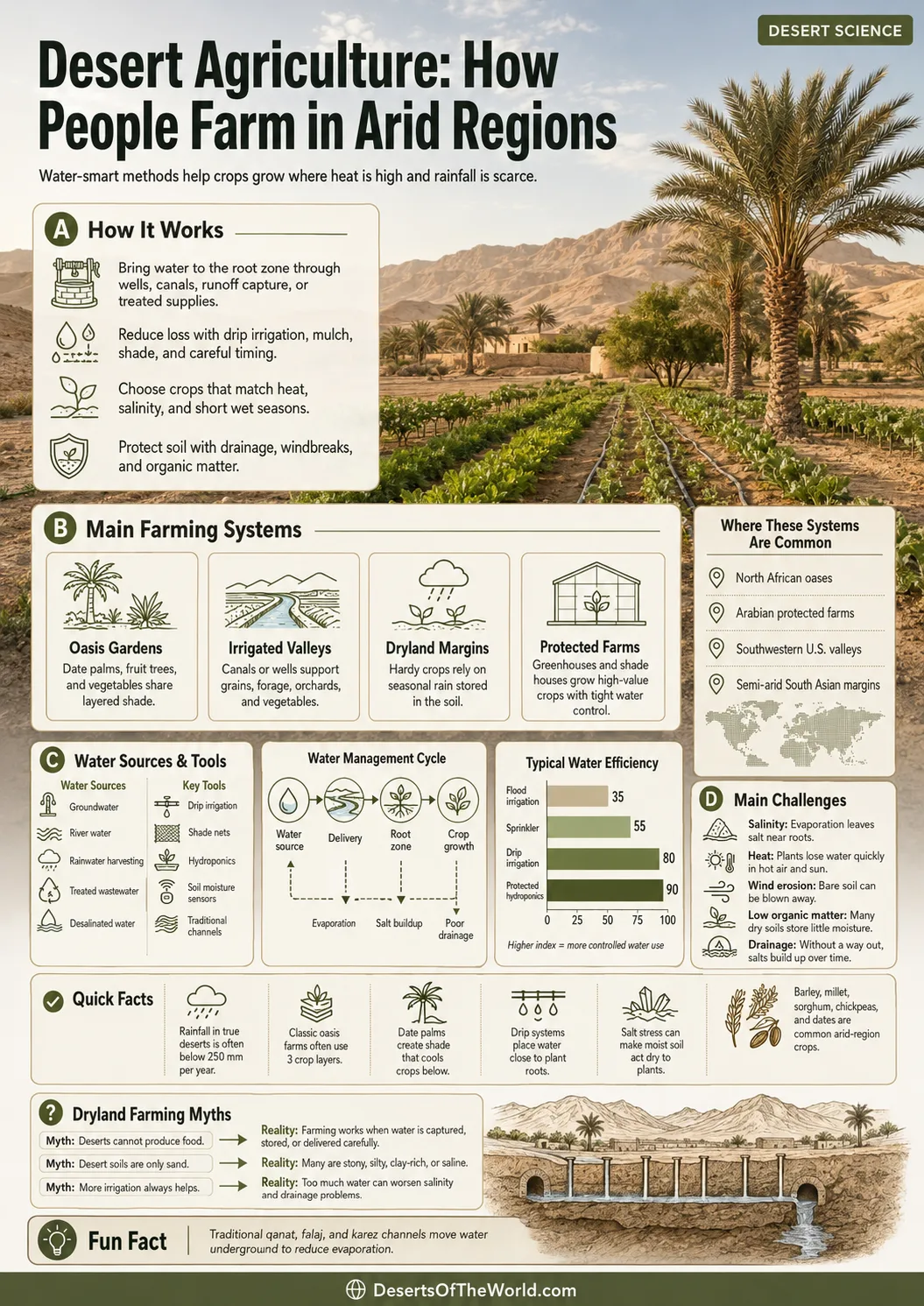 Desert agriculture techniques show sustainable farming in arid regions with limited water resources.
