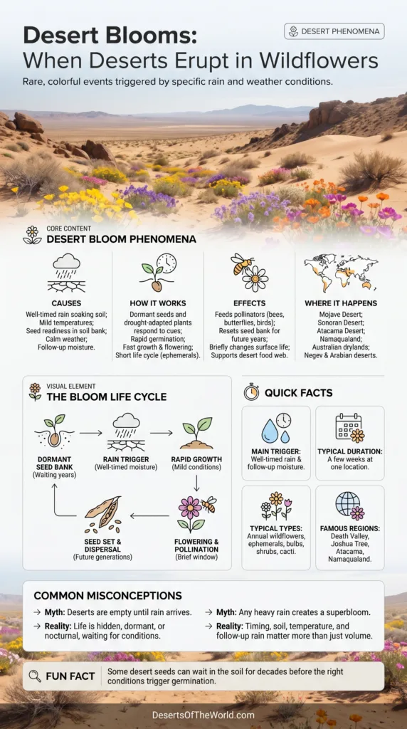 Desert blooms superbloom fill arid landscapes with vibrant wildflowers during rare desert eruptions.