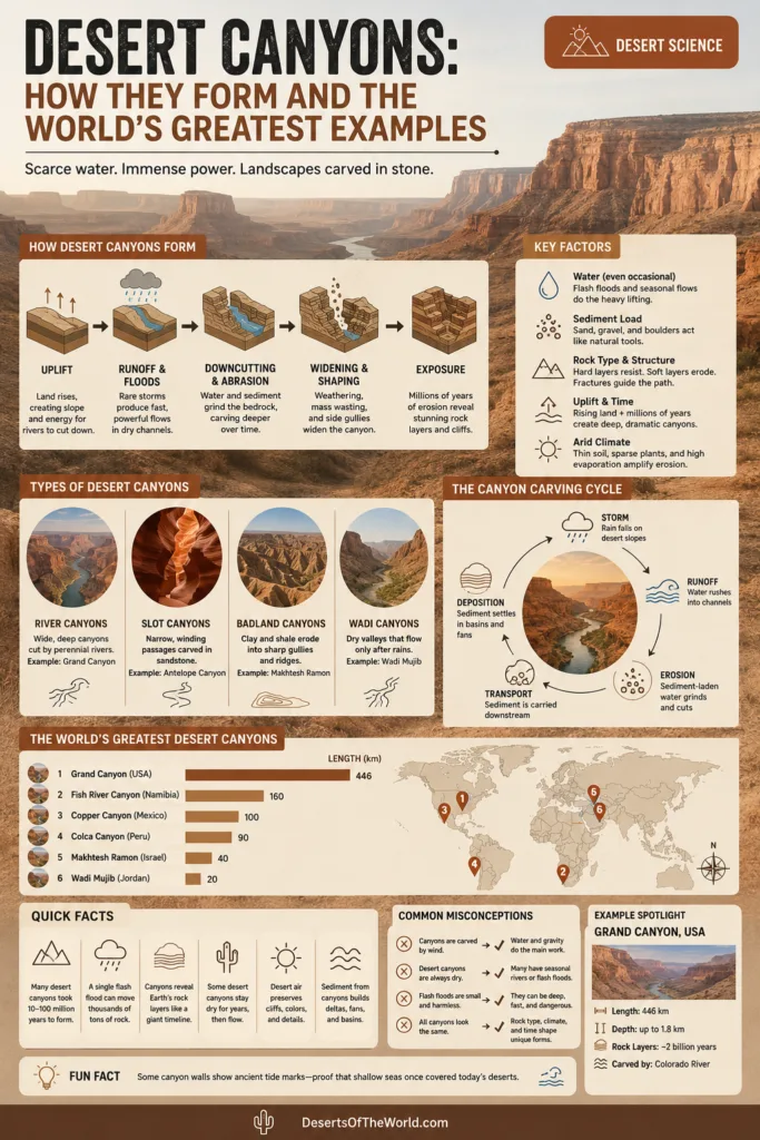 Desert canyons showcase stunning geological formations formed by erosion and water flow in arid landscapes.