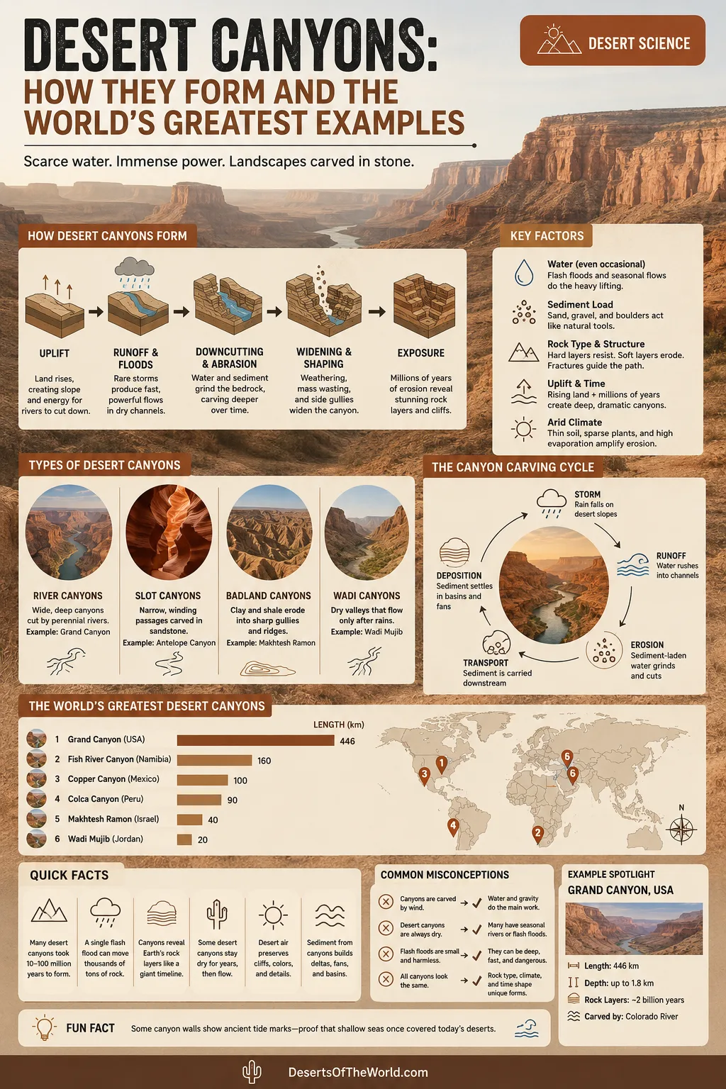 Desert canyons showcase stunning geological formations formed by erosion and water flow in arid landscapes.