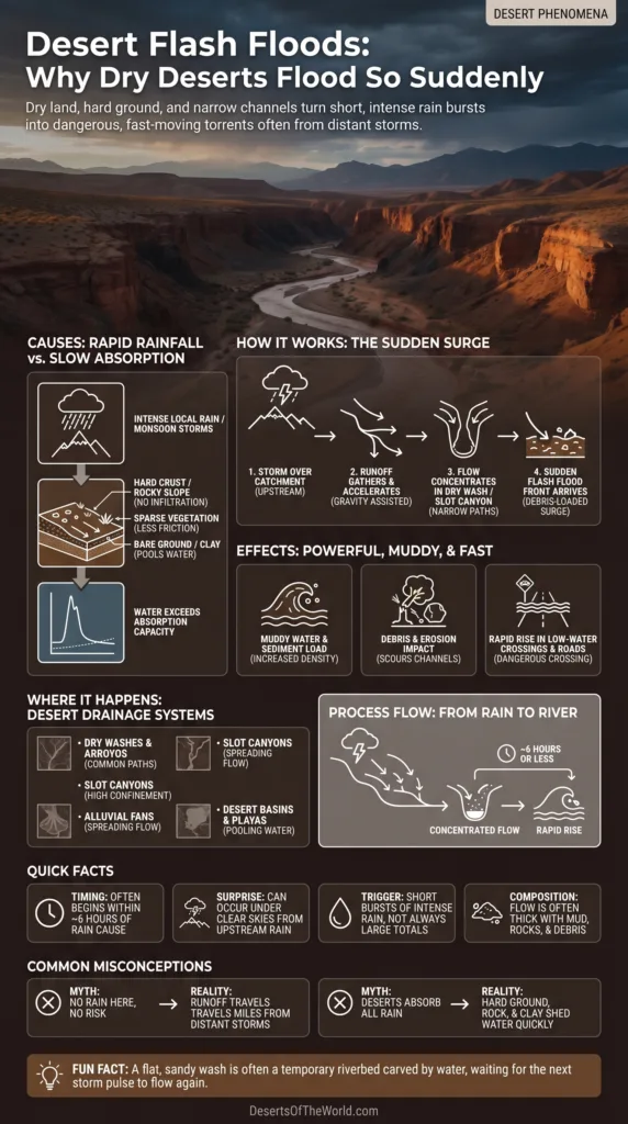 Desert flash floods occur suddenly in dry deserts, showcasing rapid water accumulation and extreme weather effects.
