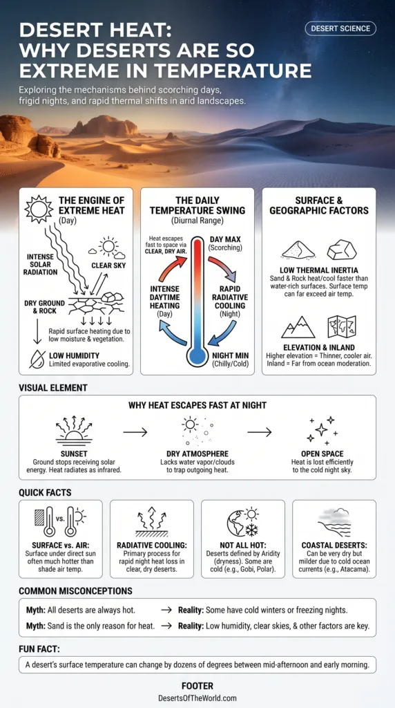 Desert Heat: Why deserts experience extreme temperatures, with a focus on high daytime heat and rapid cooling at night.