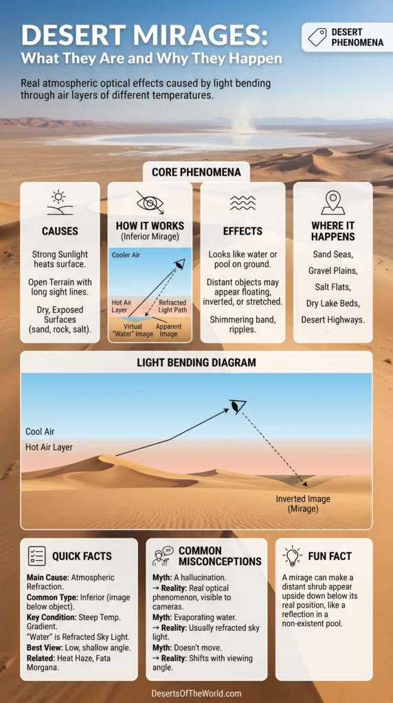 Desert mirages appear when light bends due to temperature differences, creating illusions of water or distant objects in the deser…