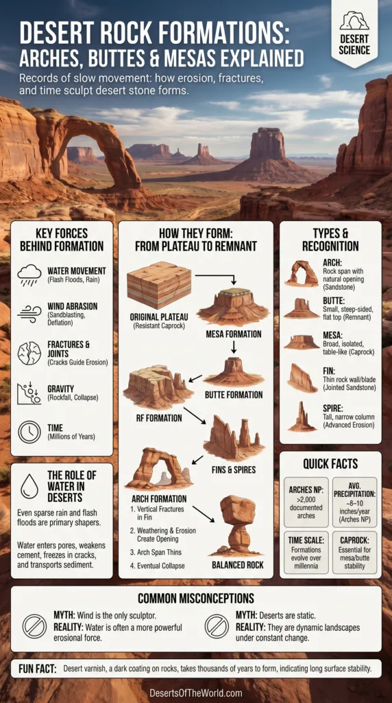 Desert rock formations such as arches, buttes, and mesas create striking natural landscapes.