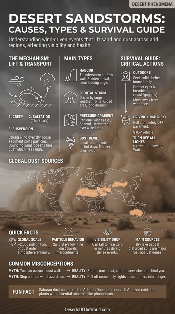 Desert sandstorms create powerful dust clouds that drift across arid landscapes during extreme weather conditions.
