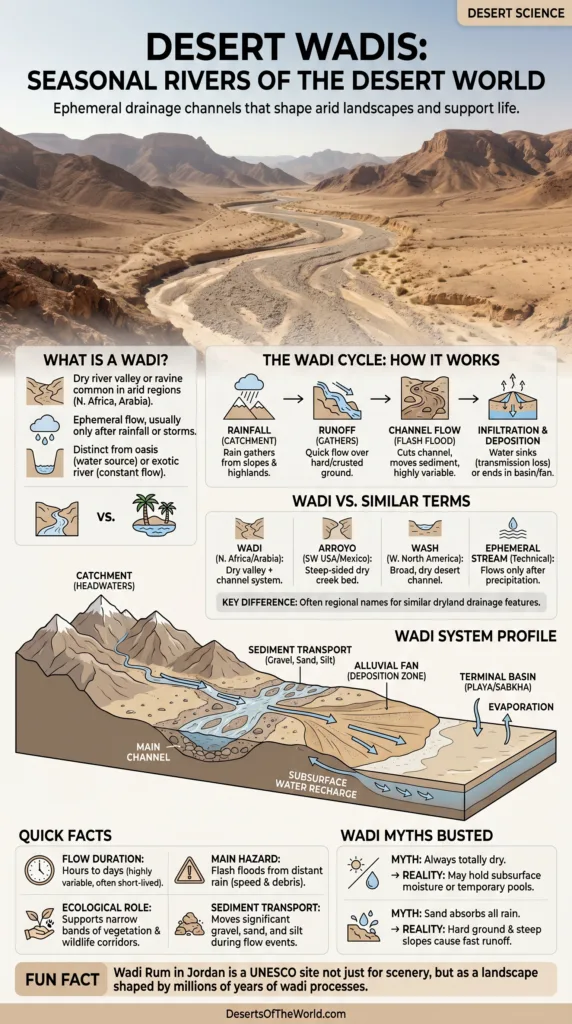 Desert wadis are seasonal rivers shaping arid landscapes and supporting desert ecosystems.