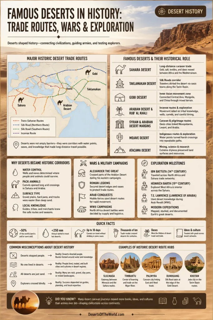 Famous deserts in history shown on a map, highlighting ancient trade routes, explorations, and historic sites.