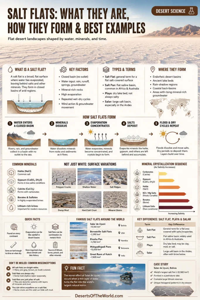 Salt flats guide showcases vast white salt crusts and unique landscapes formed by natural evaporation processes.