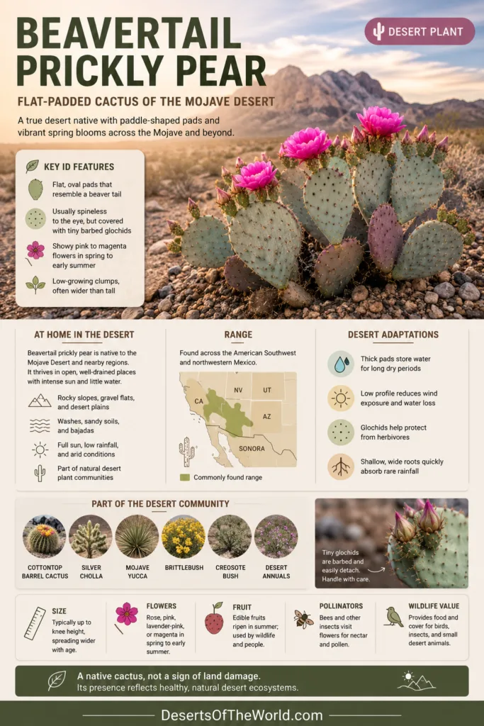 Beavertail prickly pear cactus features flat paddles covered in spines, native to the Mojave Desert landscape.