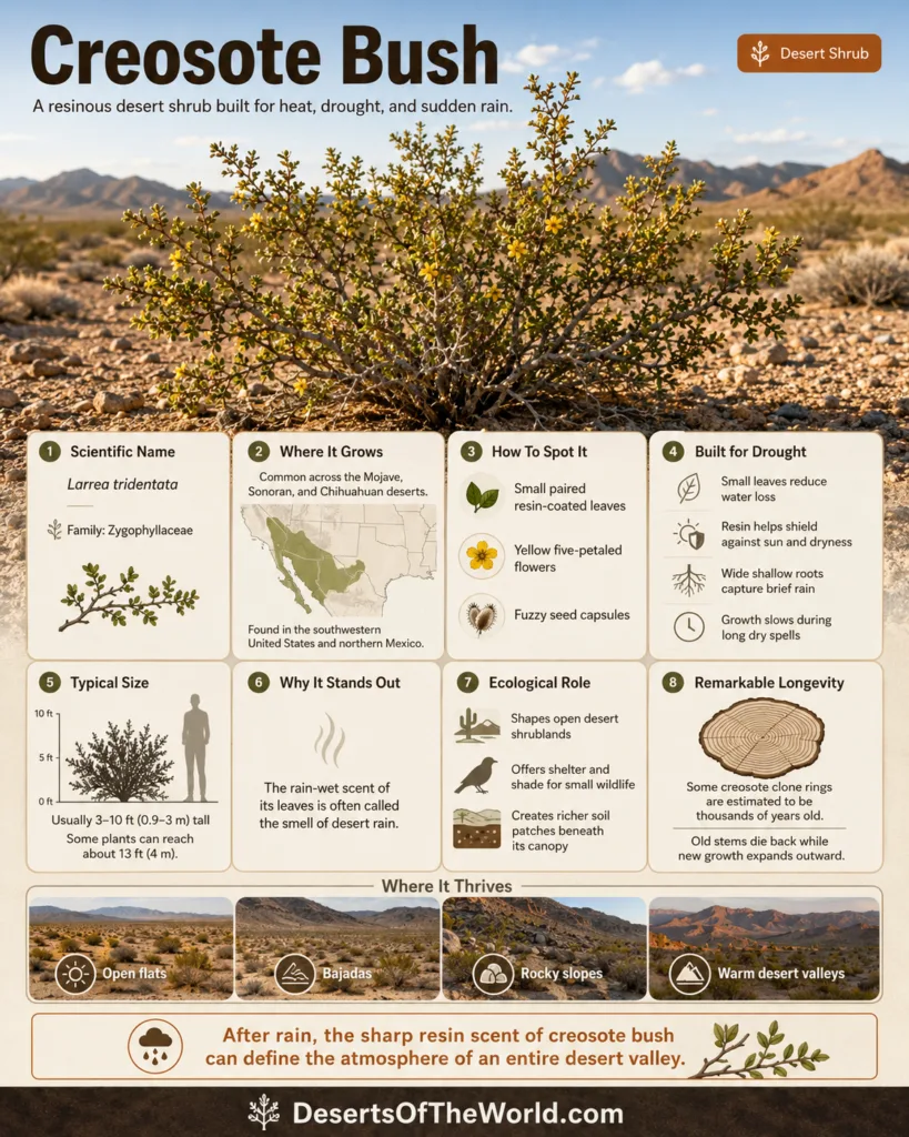 Creosote bush stands out as one of the toughest desert shrubs thriving in harsh conditions.
