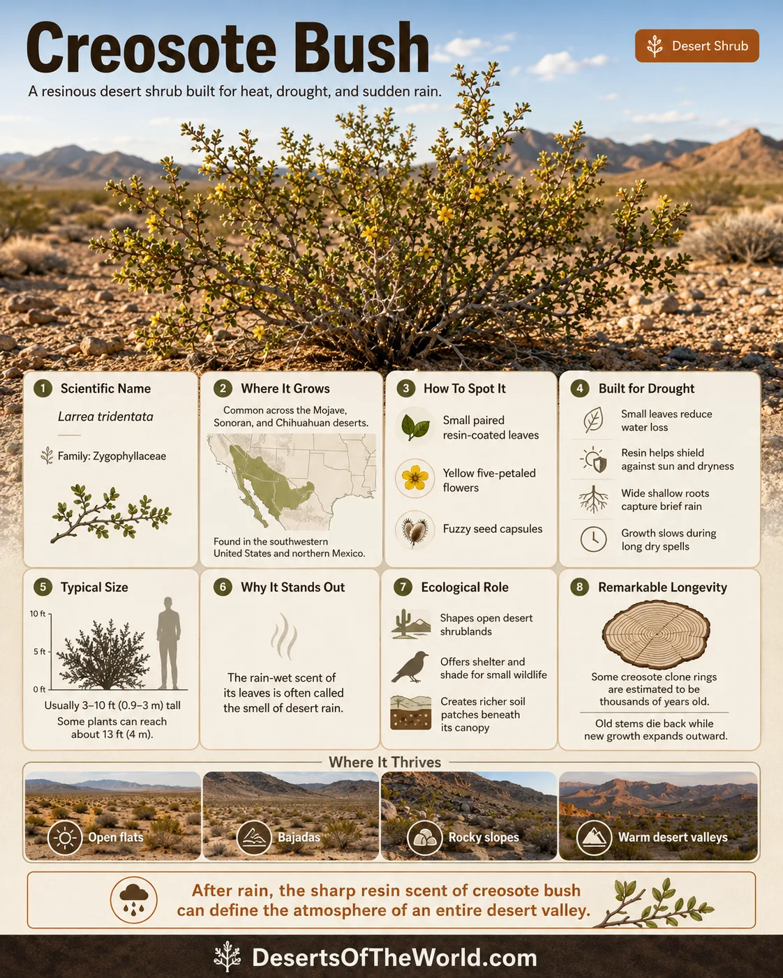 Creosote bush stands out as one of the toughest desert shrubs thriving in harsh conditions.