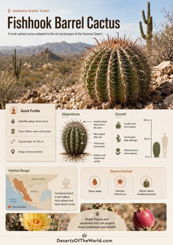 Fishhook barrel cactus with a curved, hook-like spine shape native to the Sonoran Desert
