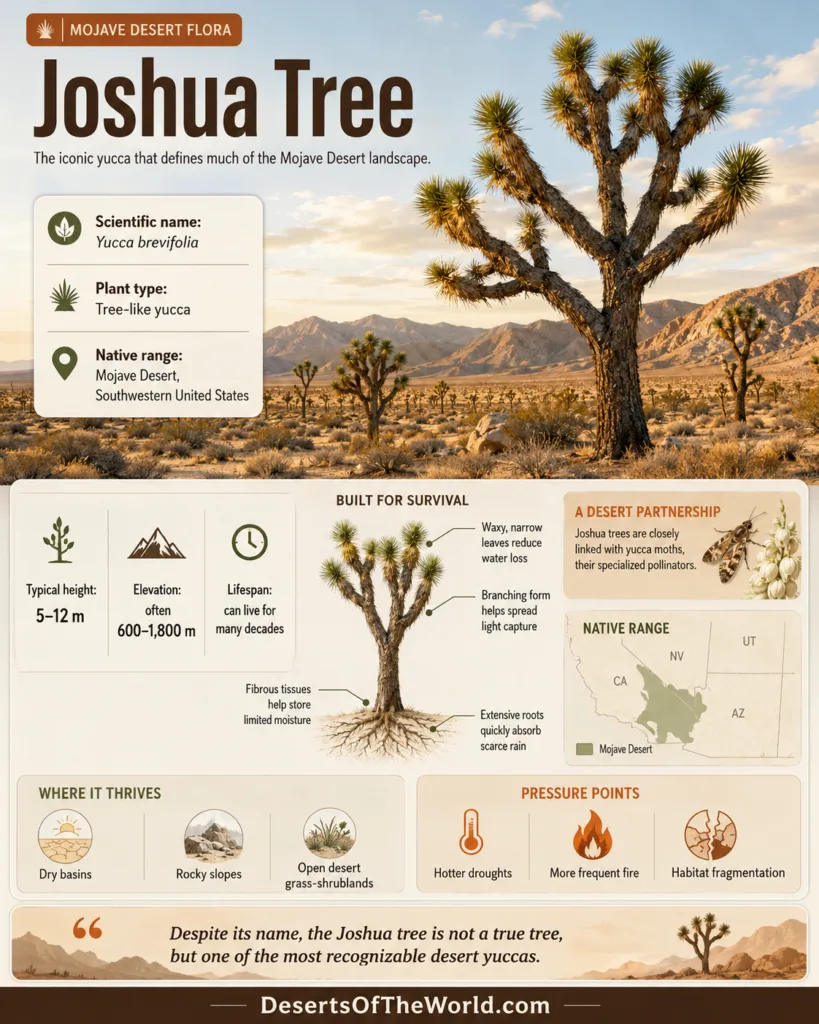 Joshua tree stands tall in the Mojave Desert, showcasing its unique shape and iconic presence in this arid landscape.