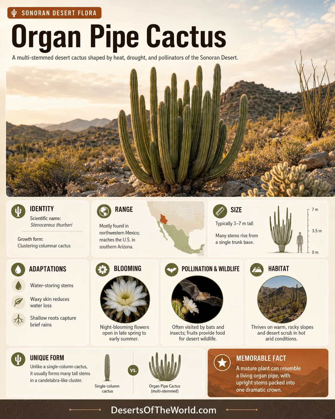 Organ pipe cactus standing tall in the Sonoran Desert, showcasing its distinctive columnar shape and multiple tall arms.