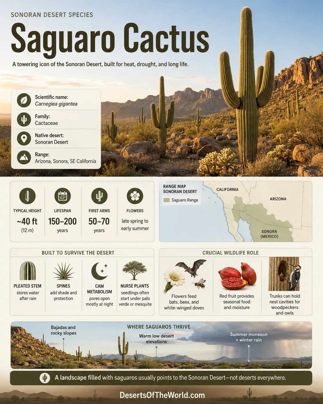 Saguaro cactus standing tall in the Sonoran Desert, highlighting the iconic giant succulent's unique shape and desert landscape.