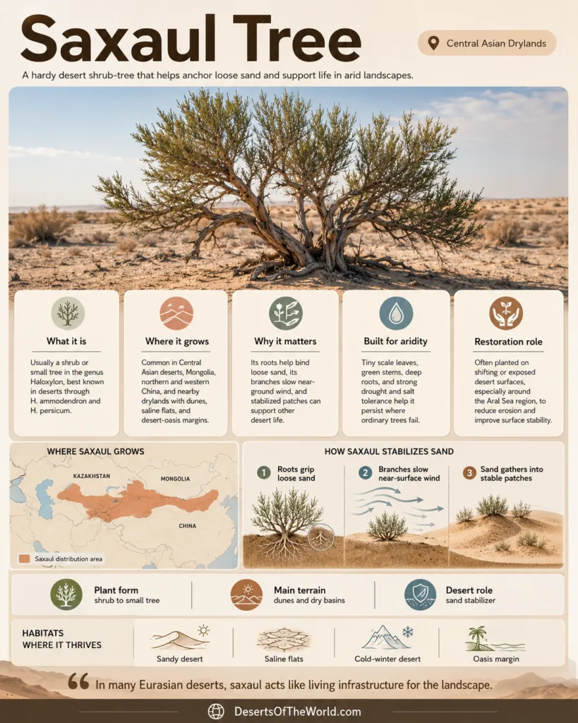 Saxaul tree in desert terrain demonstrating its vital role in stabilizing sand and conserving desert environments.
