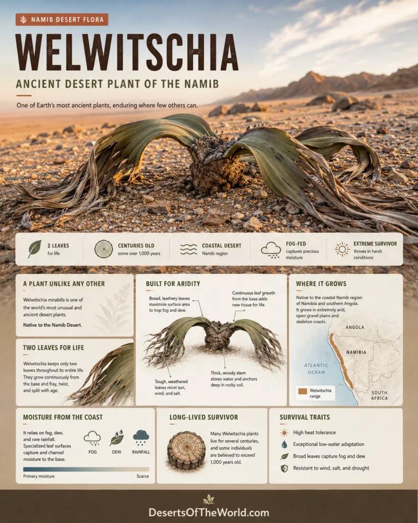 Welwitschia plant of the Namib Desert with its unique long, strap-like leaves and desert environment
