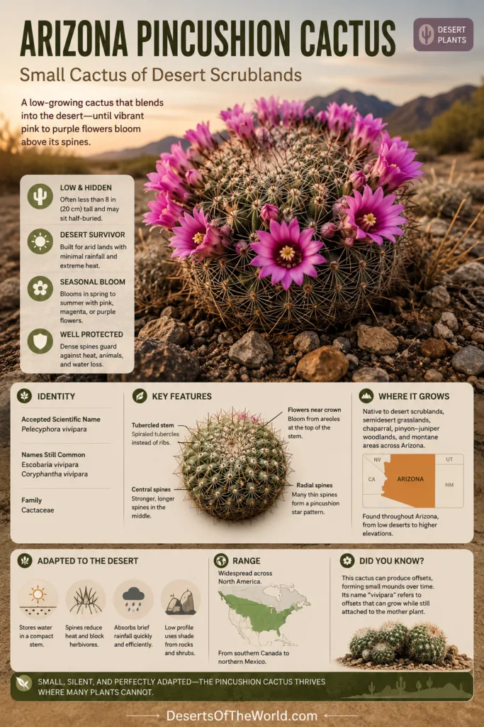 Arizona Pincushion Cactus features vibrant pink flowers in desert scrublands scene.