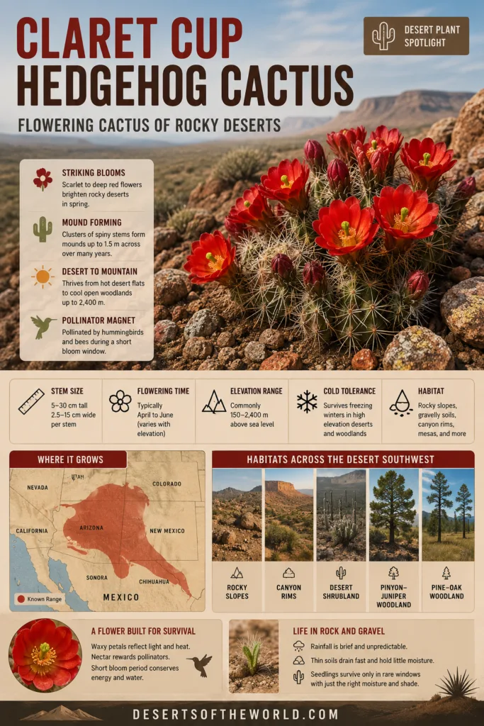 Claret cup hedgehog cactus showcasing vibrant red flowers blooming in rocky desert terrain.
