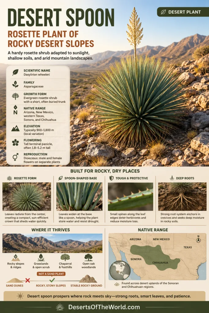 Desert spoon rosette plant of rocky desert slopes showcasing its spiny, radial leaf structure and arid environment adaptation