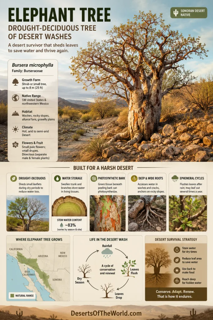 Elephant tree adapts to desert washes with drought-deciduous features and unique thick trunk in arid environments.