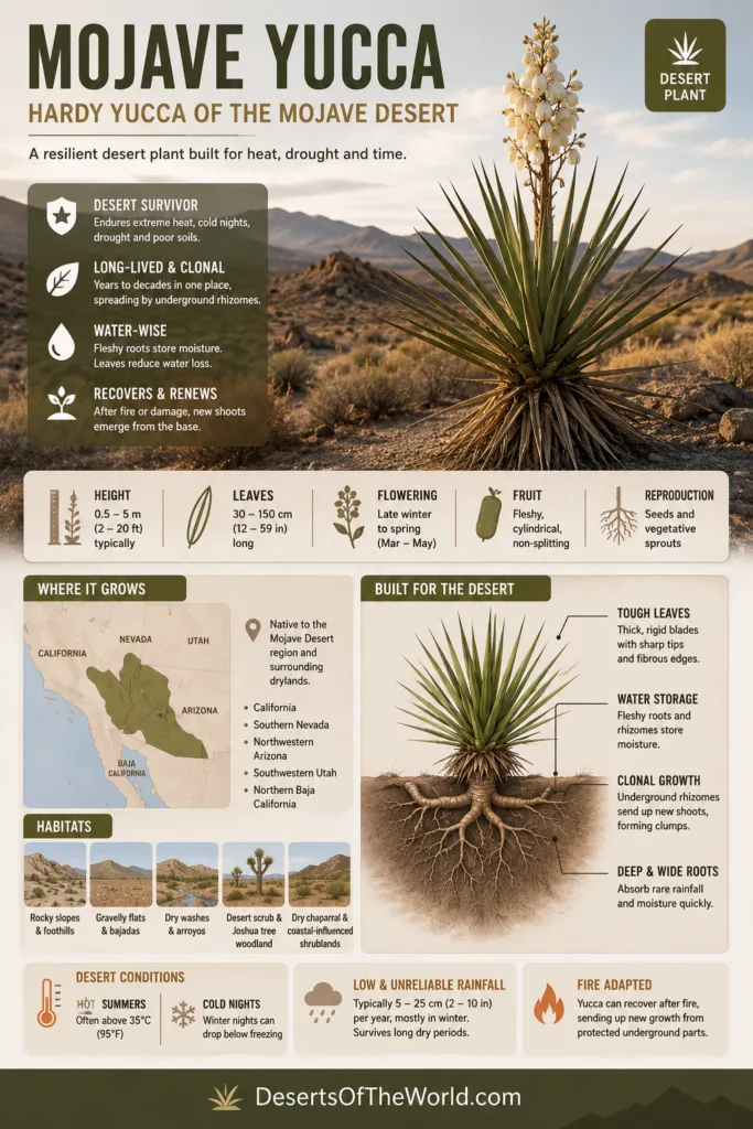 Mojave Yucca showcases its spiky leaves and desert-adapted growth in the Mojave Desert landscape.