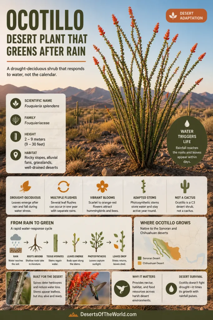 Ocotillo desert plant sprouts bright green after rain in its natural arid environment.