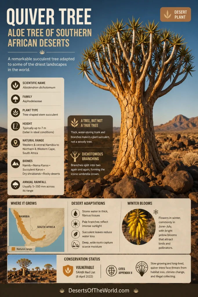 Quiver tree in Southern African deserts showcasing its unique tree structure and desert landscape setting.