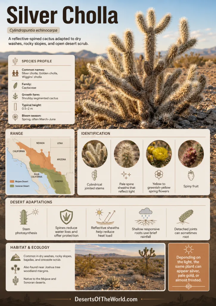 Silver cholla cactus of the Mojave and Sonoran Deserts thrives in arid environments with distinctive silver-gray spiny stems.