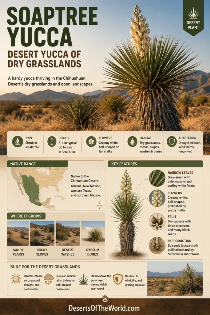 Soaptree Yucca in its natural dry grassland environment, showcasing desert yucca's unique tall, spiny appearance
