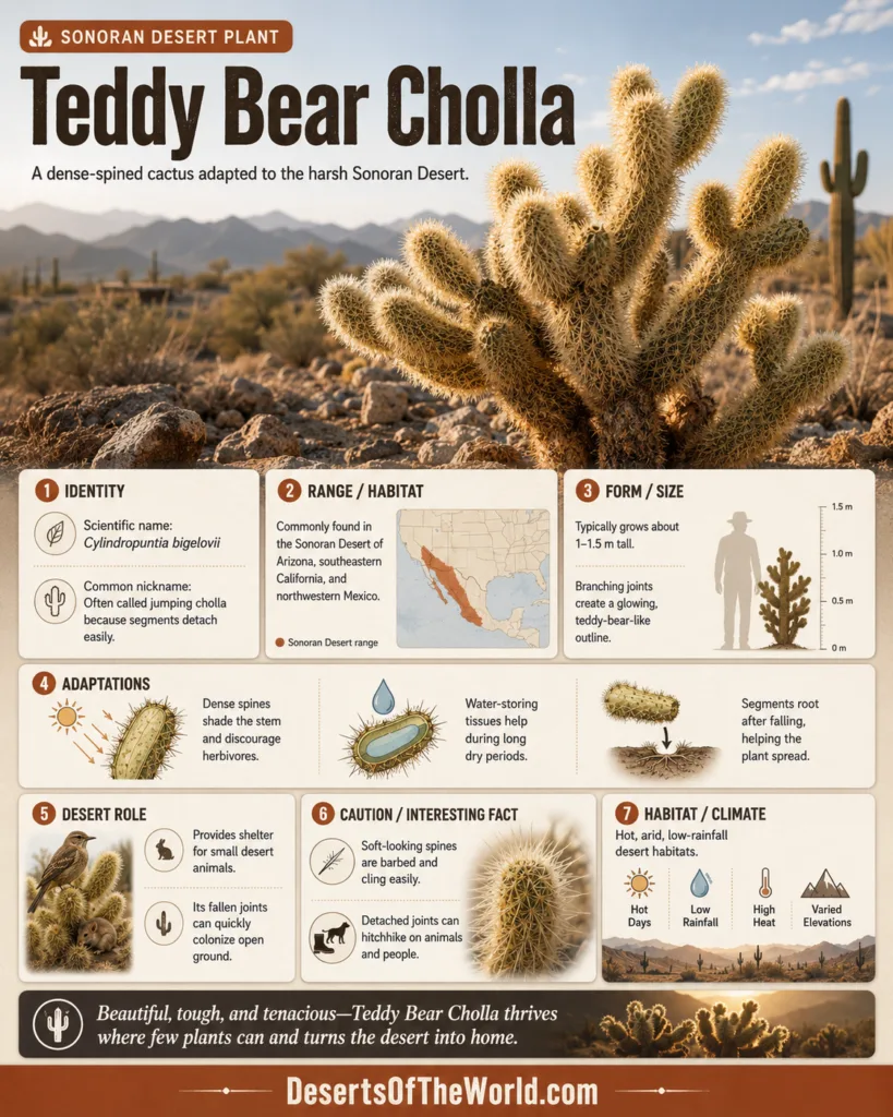 Teddy bear cholla showcases dense spines characteristic of the Sonoran Desert's iconic cactus species.