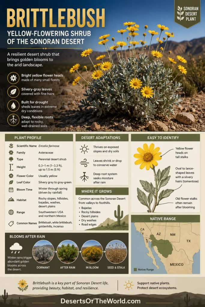 bright yellow brittlebush flowers blooming in the Sonoran Desert landscape