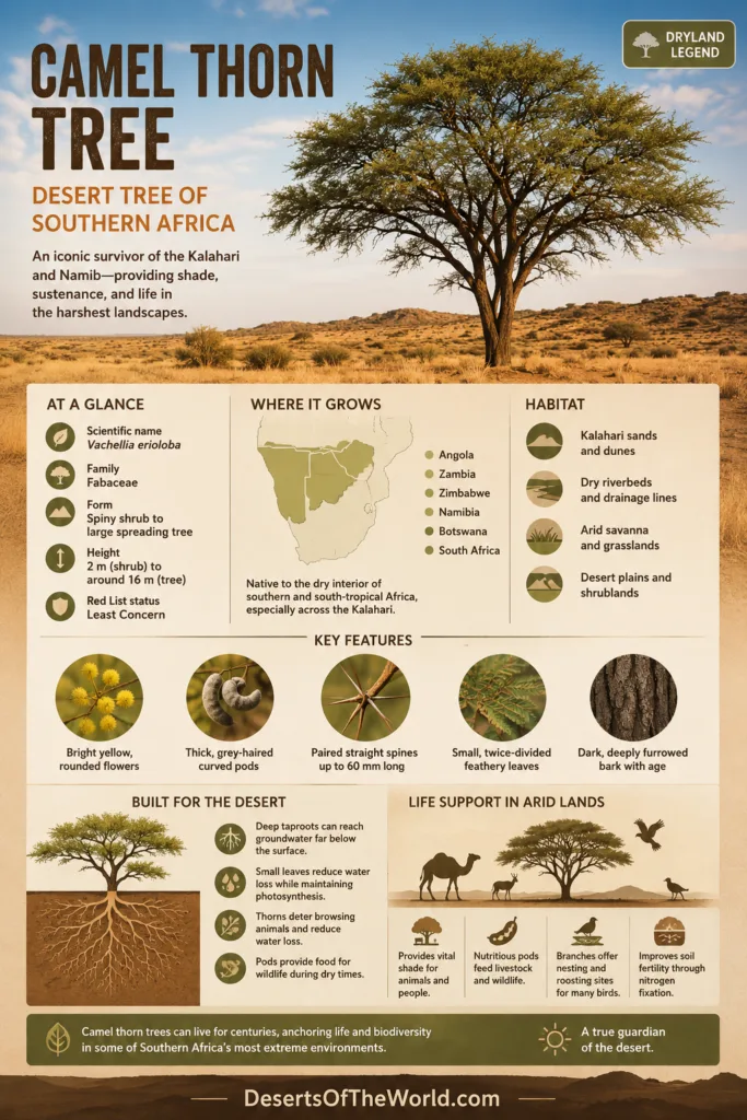 Camel thorn tree stands tall in the desert landscape of Southern Africa, showcasing its resilience and unique appearance.