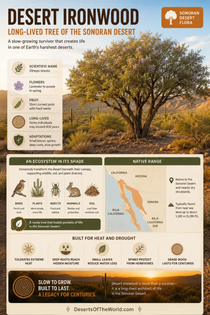 Desert ironwood tree of the Sonoran Desert showing its unique bark and sprawling branches in a dry landscape.