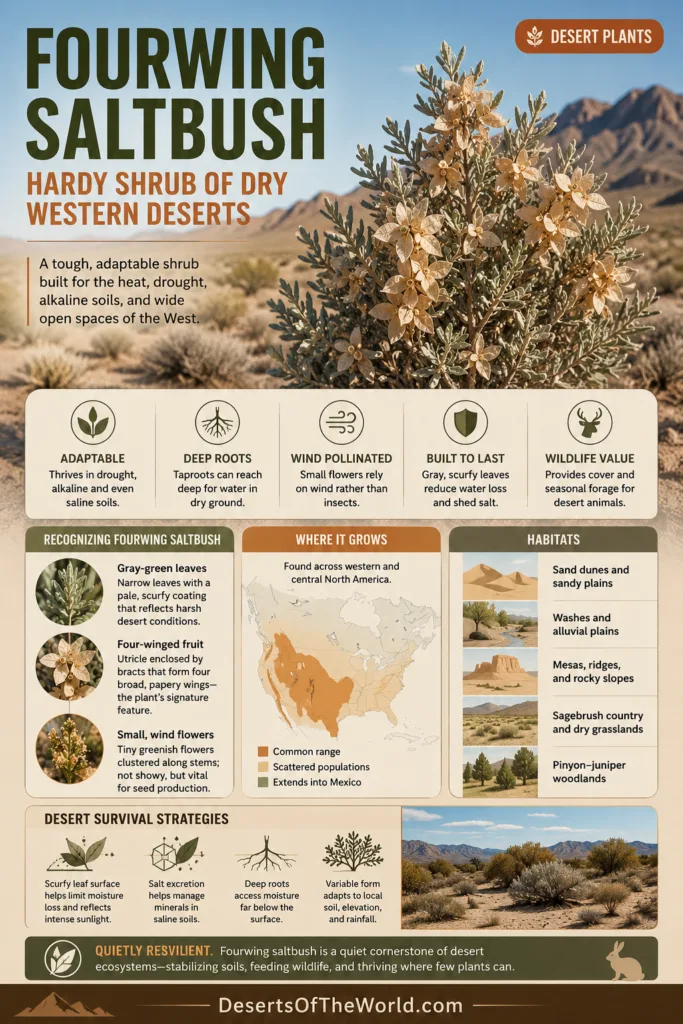 Fourwing saltbush, a hardy desert shrub of the dry Western deserts, with gray-green leaves and unique four-branch growth