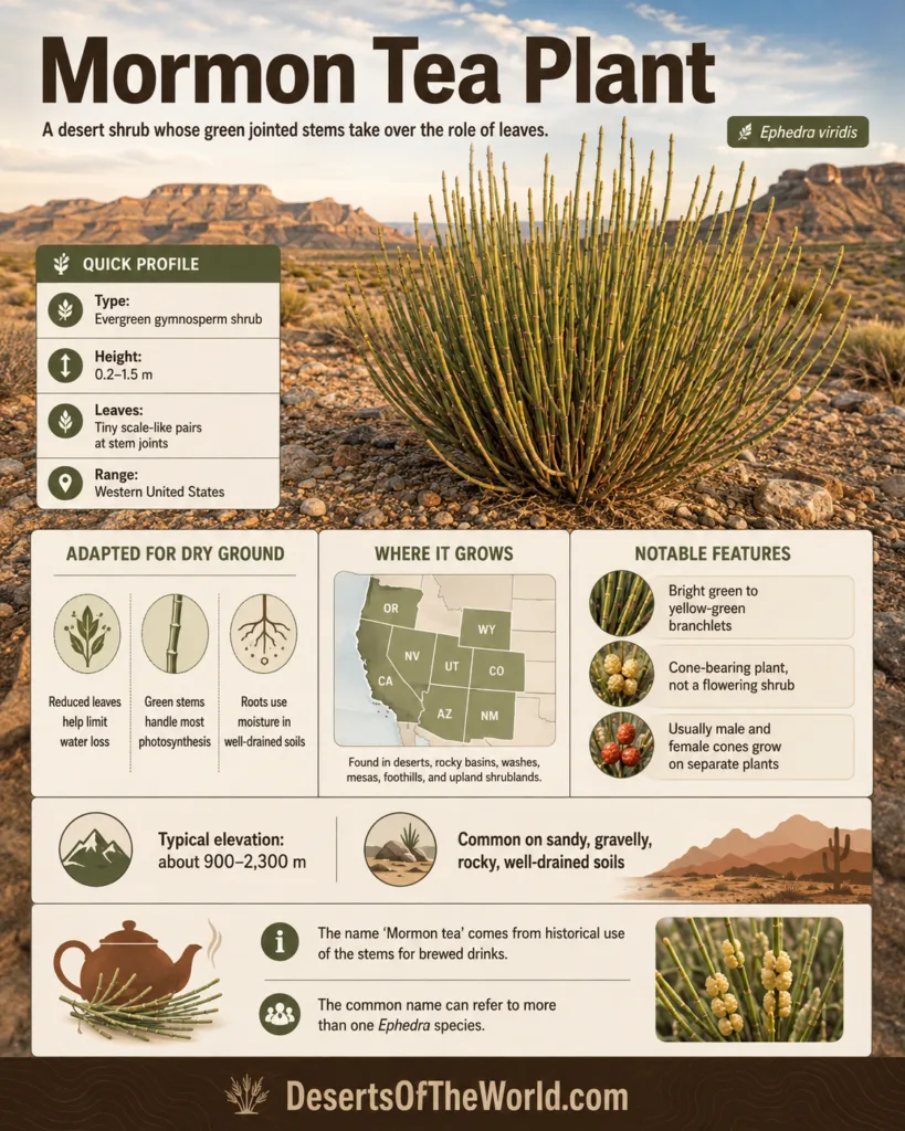 Mormon tea plant shows a desert shrub with jointed stems and needle-like leaves, thriving in arid environments.