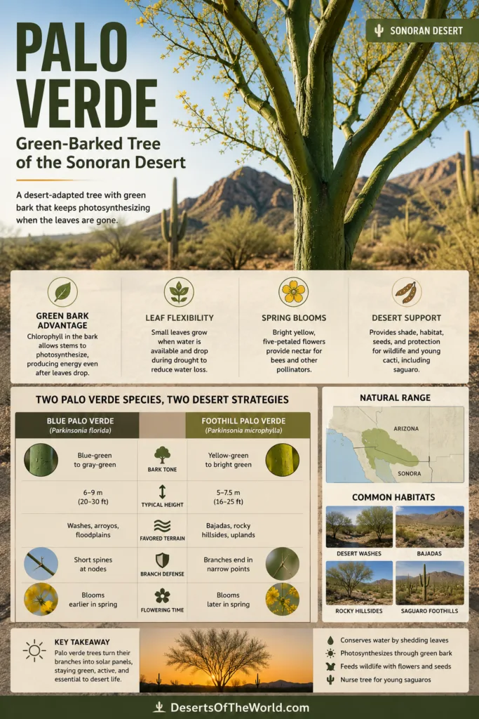 Palo Verde Tree showcases vibrant green bark amid the Sonoran Desert environment.