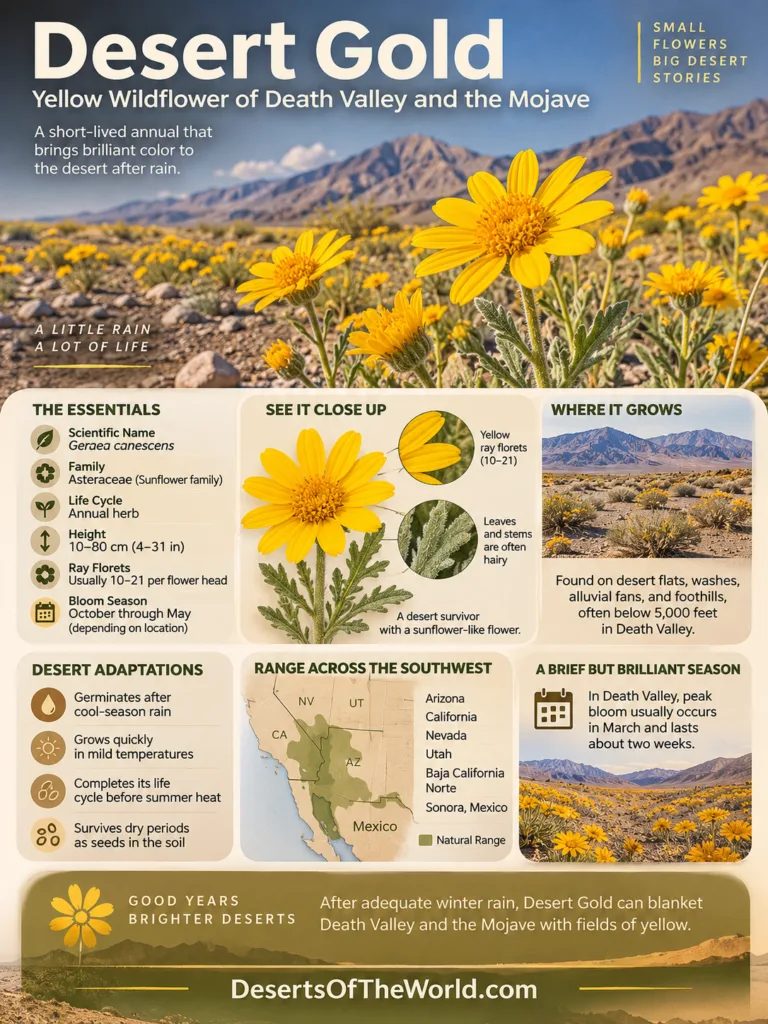 Desert gold wildflower in bloom among desert plants, showcasing vibrant yellow petals in Death Valley and Mojave deserts.