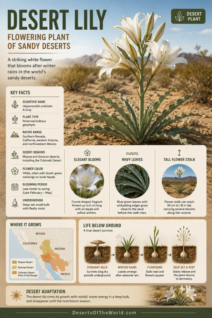 Desert lily, a flowering plant of sandy deserts, blooms vibrant yellow flowers amidst arid landscape and sparse desert vegetation.