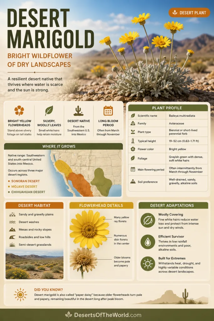 Desert marigold blooming brightly in dry landscapes with yellow flowers and green foliage, showcasing its resilience in arid envir…