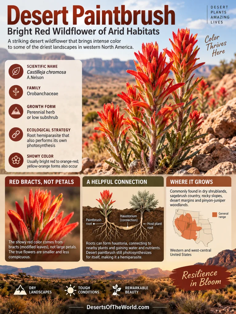 Desert paintbrush displays vibrant red flowers among arid desert plants and rocky terrain, showcasing its adaptation to dry habita…