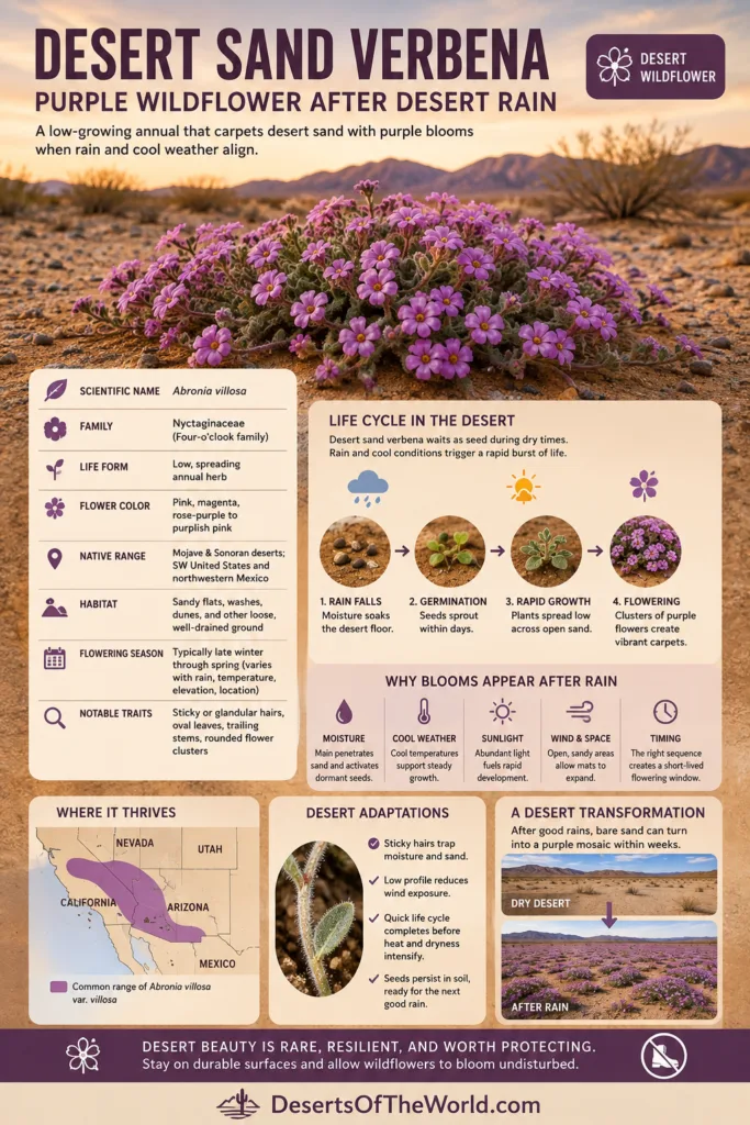 Desert Sand Verbena blooming with vibrant purple flowers after desert rain, showcasing resilience in arid environments.